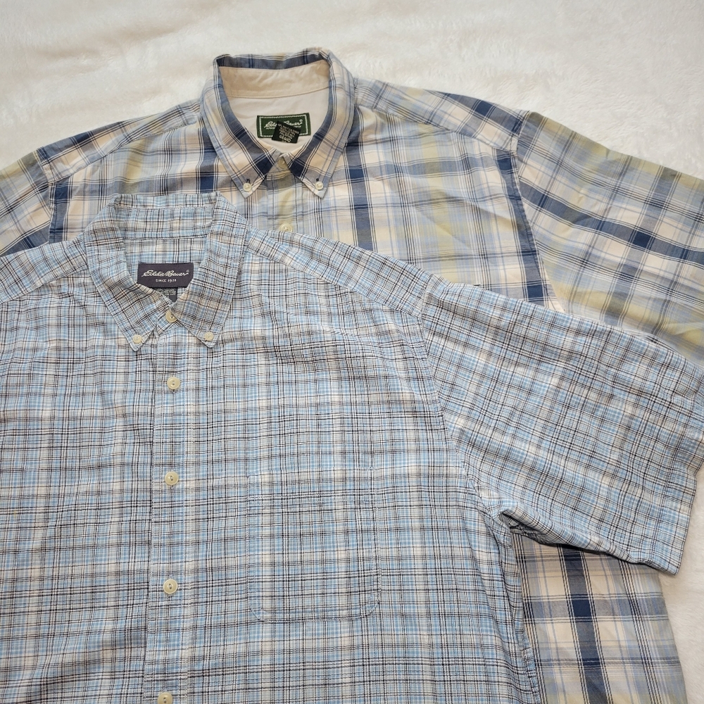 Eddie Bauer Shirt Mens XLT Lot Of 2 Button Up Plaid Blue Classic Fit Short Sleev